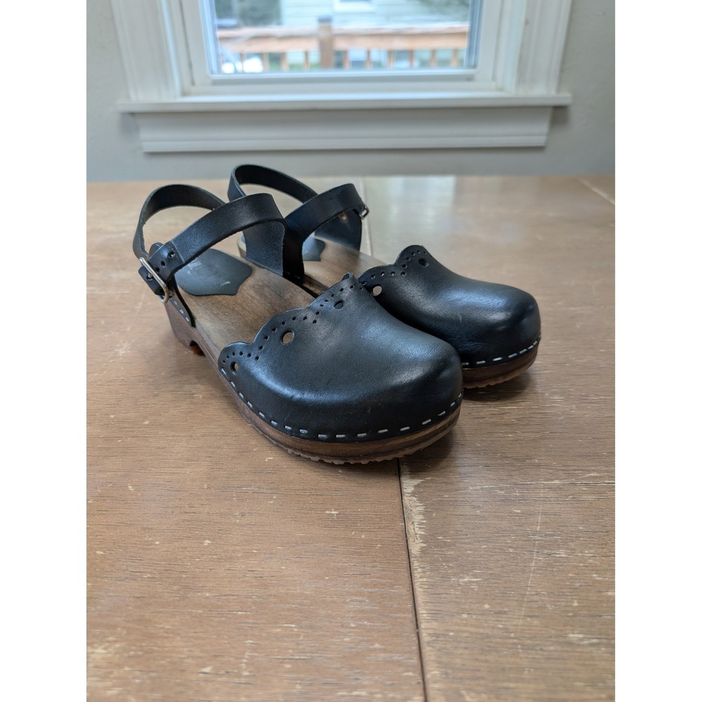 Sandgrens Milan Black Leather Scalloped Swedish Wood Clog Sandals Women 37